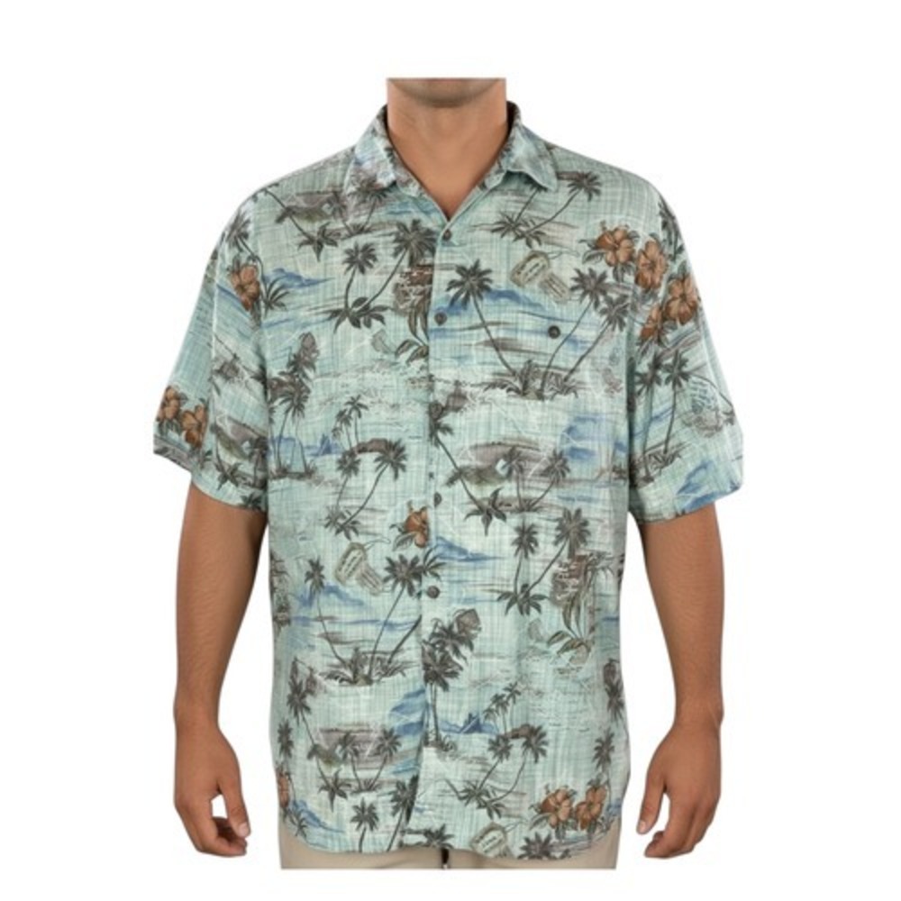 Campia Moda Hawaiian Aloha Shirt XL Palms Floral Tropical Flowers Green‎ Blue